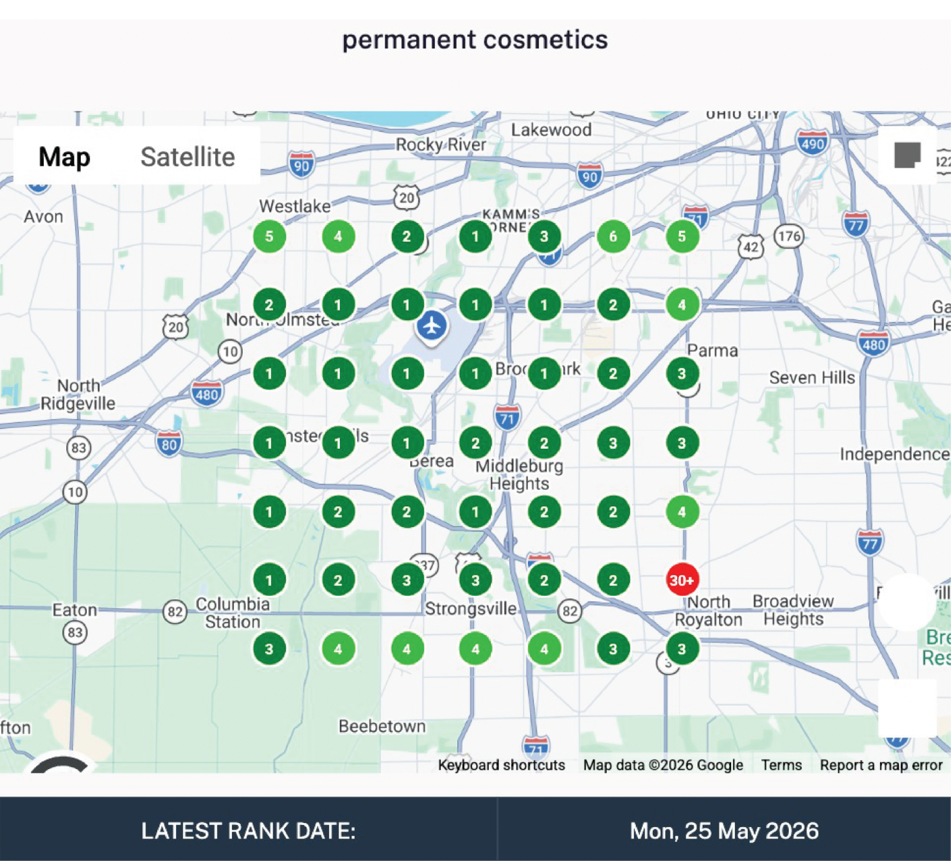 Permanent cosmetics geo-grid rankings, top 3 across the Cleveland metro