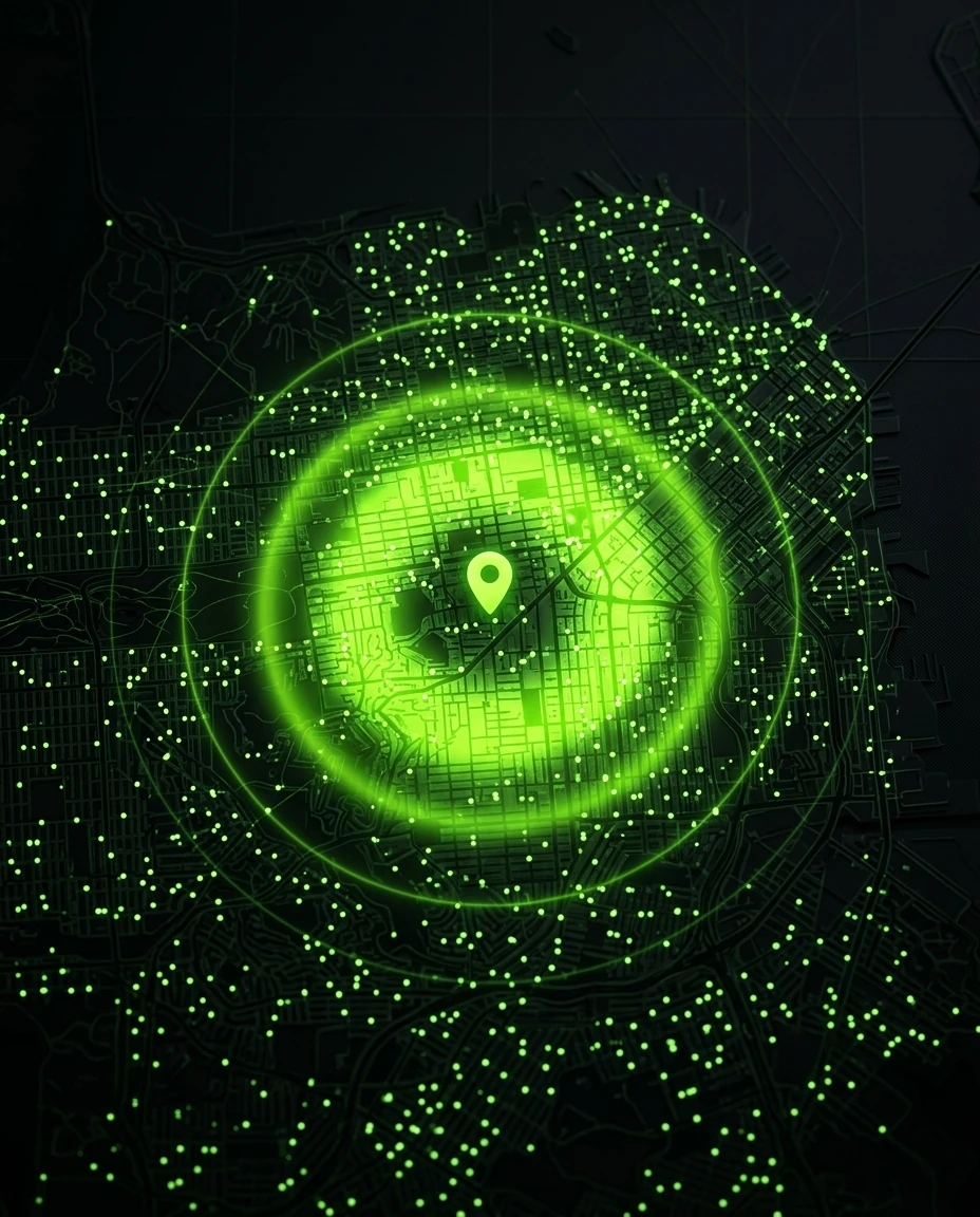 Geo-grid heatmap of volt-green top rankings radiating from a business pin across the city.