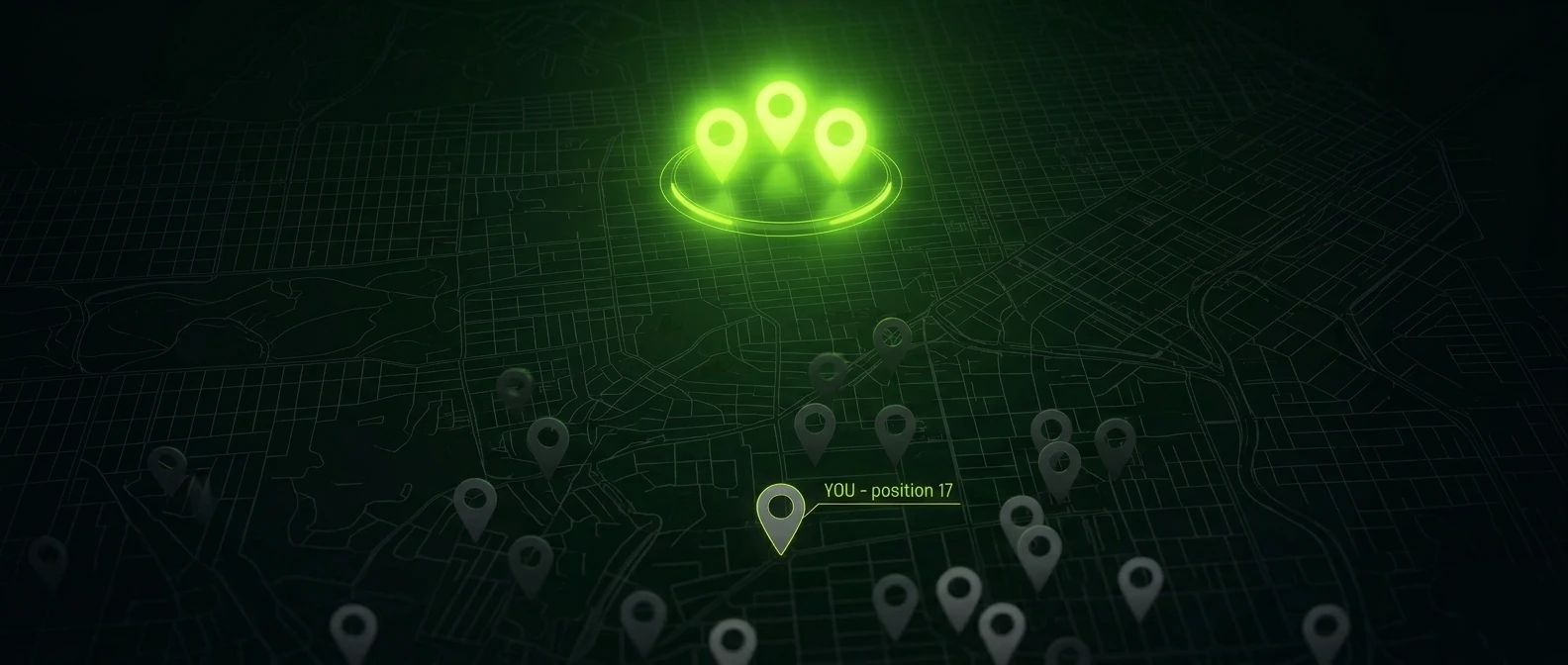 Google Maps 3-pack glowing volt-green while the business sits dim at position 17.