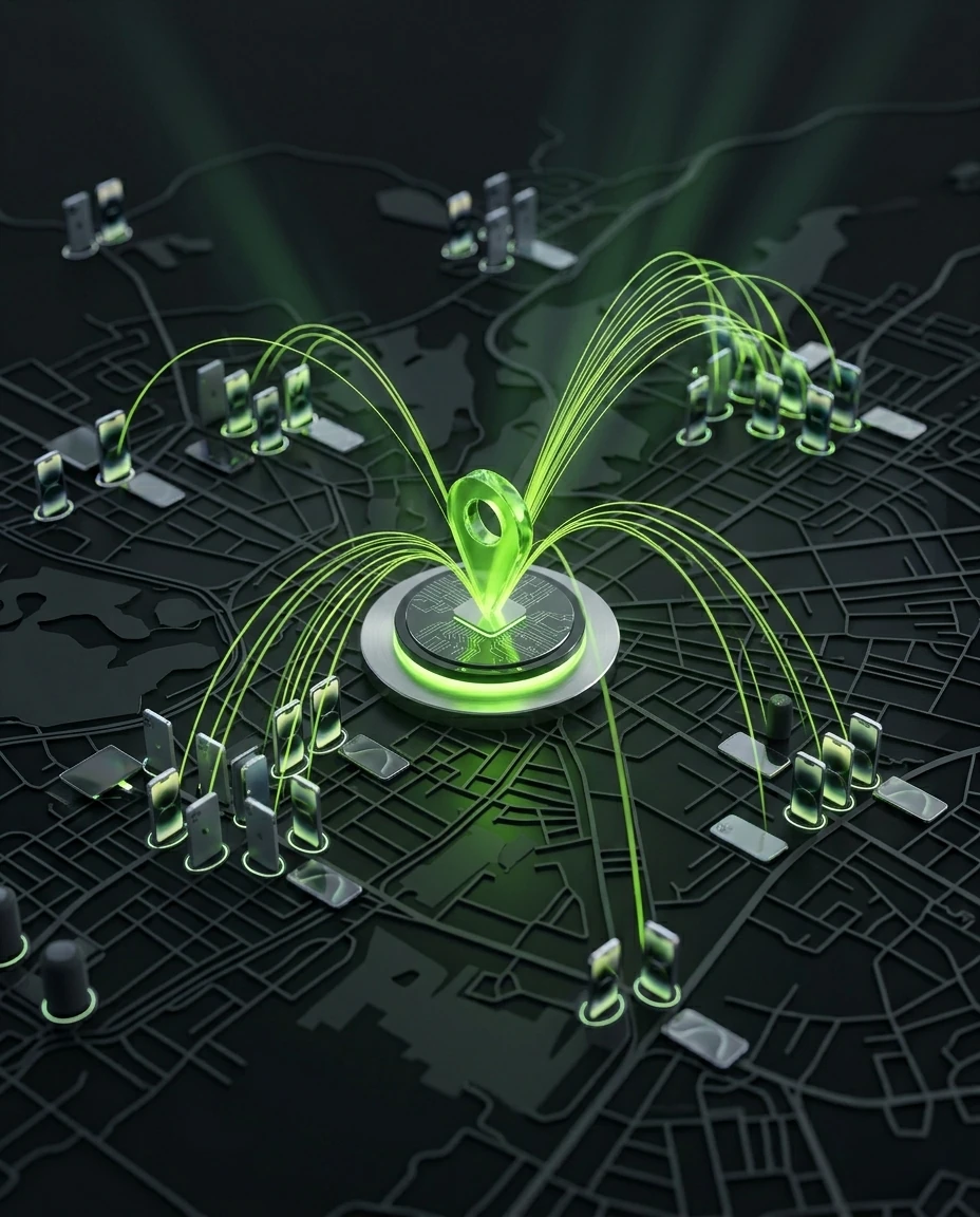 Signal SEO Real-Device Network sending authentic engagement signals to a business pin on a city map.